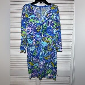 Lilly Pulitzer Dress Size XS Cattitude 3/4 sleeve Blue  Multi 100% Cotton